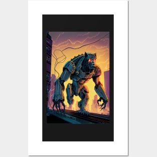 Monster giant robot cyborg dog attacking the city Posters and Art